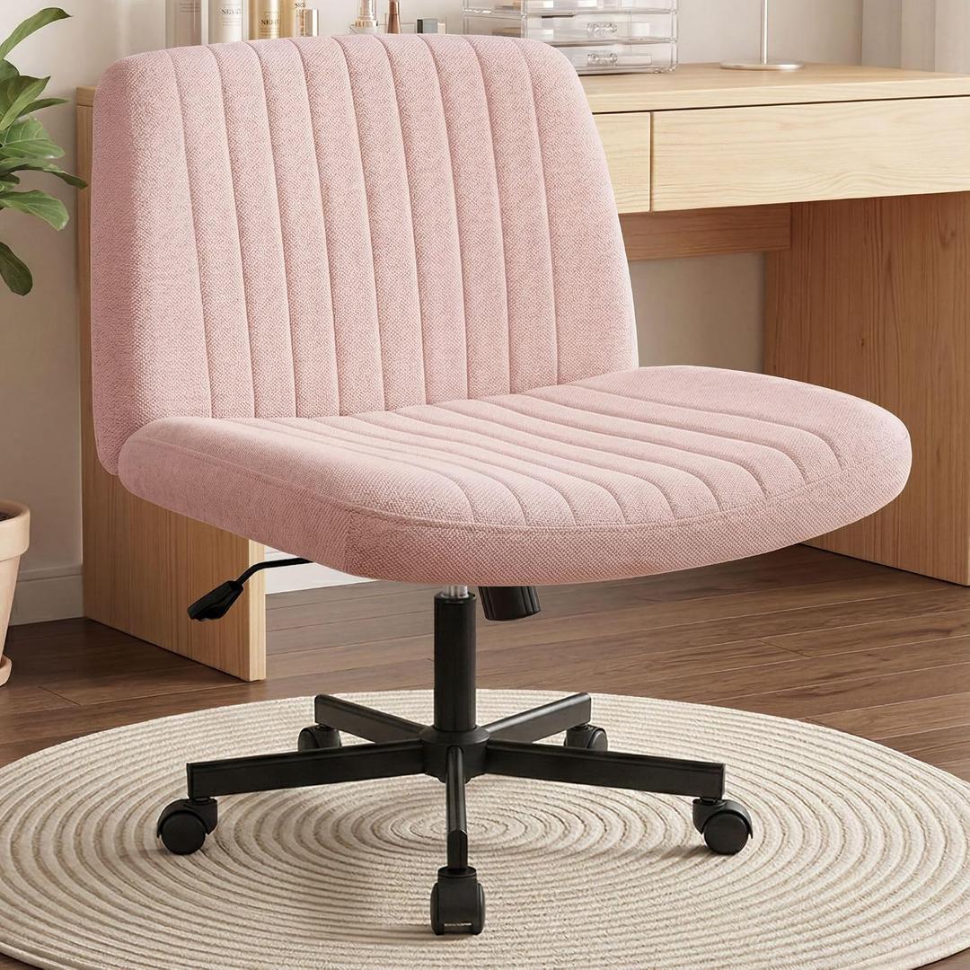 Orange Factory Criss Cross Chair Wheels Wide Cross Legged Office Desk Vanity Chair Comfy Fabric Armless Adjustable Swivel for Home Computer Task (Pink Wheel, Fabric), 35.6 inches x 25.5 inches x 20 inches
