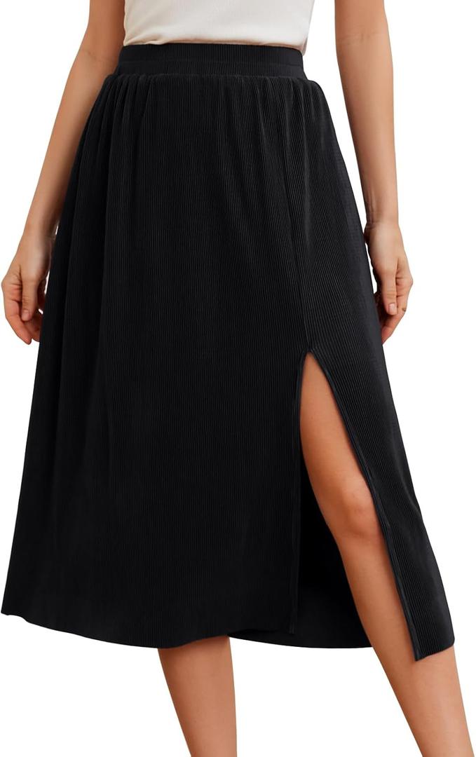 Gardenwed Womens Midi Casual Skirt High Waisted Pleated Flowy A Line Elastic Swing Skirts with Side Slit (S)