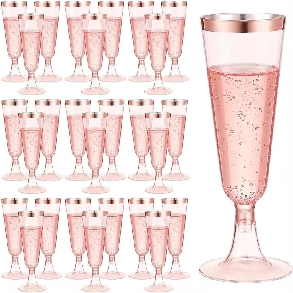25 Pack Plastic Champagne Flutes 5.5oz Pink Rose Gold Rim Disposable Suitable for Wedding, Birthday Party, Thanksgiving Day, Christmas Supplies