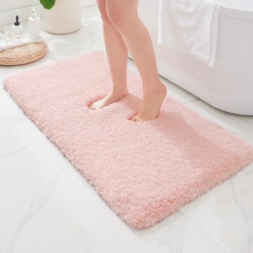 ILANGO Pink Bathroom Rugs 48" × 24" Non Slip & Super Absorbent Extra Thick Soft, Washable Bath Mat for Floor, Microfiber Plush Shaggy Bath Rug with Rubber for Bathtub Shower Room Sink