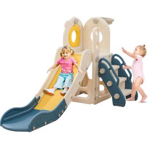 Freestanding Toddler Slide, 5 in 1 Kids Indoor Playset for Toddlers 1-3L Shaped Slide with Basketball HoopBaby Climber for Indoor Outdoor for Boys and Girls Birthday, Sturdy Playground Toy (Beige Blue)