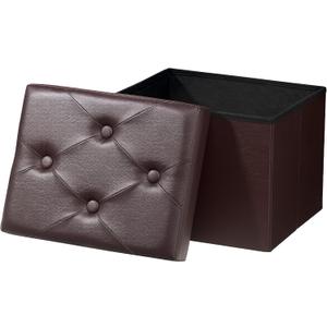 Ottoman with Storage Foot Stool, 17 Inches Folding Storage Ottomans, Leather Upholstered Ottoman Foot Rest with Side Pockets, Suitable for Living Room, Bedroom, Cafe (Brown Rhombus)
