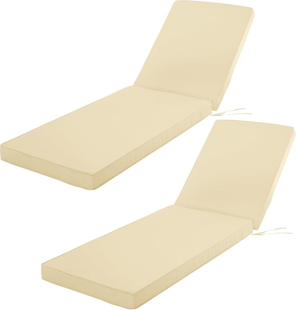 Outdoor Chaise Lounge Cushion Set of 2, Fadesafe Water-Repellent Lounge Deck Reclining Chair Cushions for Patio Furniture Lawn Pool Resort Hotel, 72x21x3 Inch, Beige