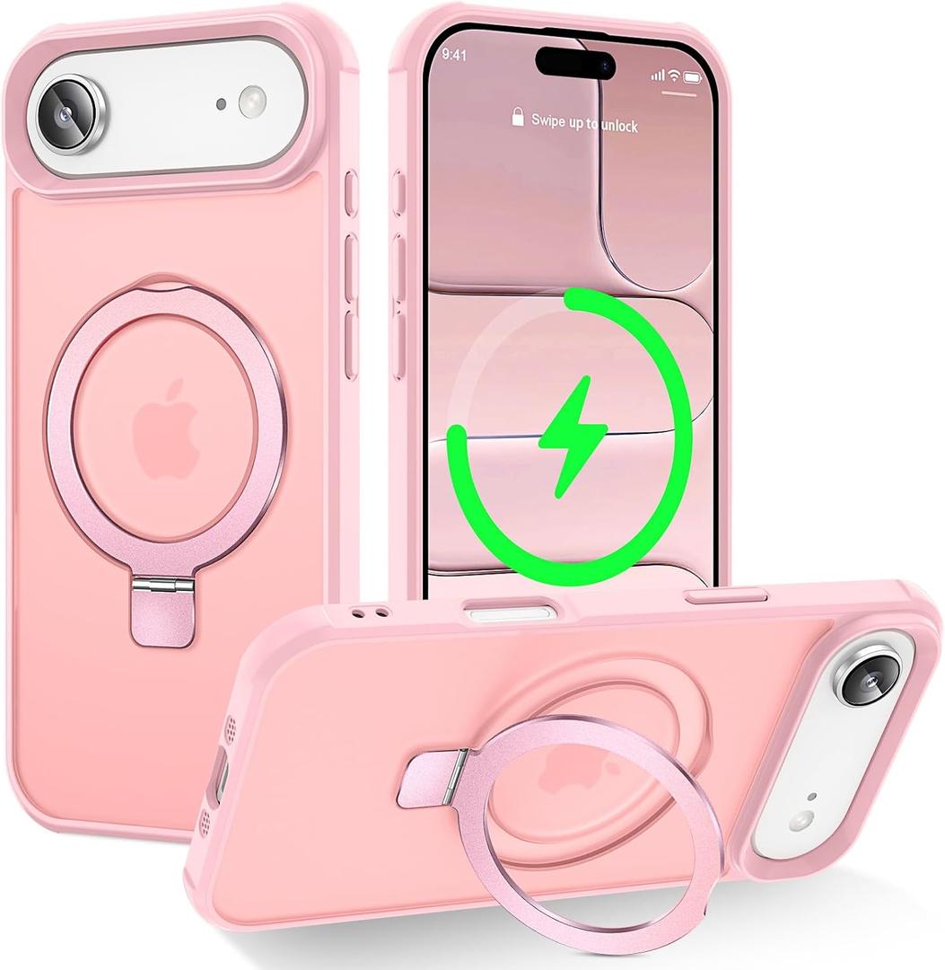 CHAOFEnG Magnetic Compatible with iPhone Air Case with Stand [Military Grade Drop Tested][Compatible with Magnet] Ring Translucent Slim Hard Back Soft Edge 17 Air Phone Case, Pink