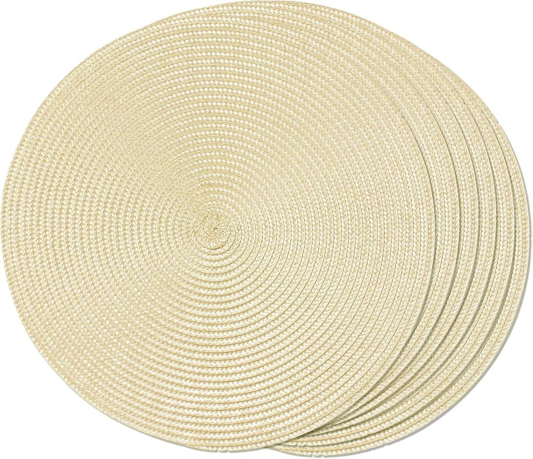 FunWheat Round Braided Placemats Set of 6 Table Mats for Dining Tables Woven Washable Non-Slip Place mats 15 inch(Beige, 6pcs) (Ivory)