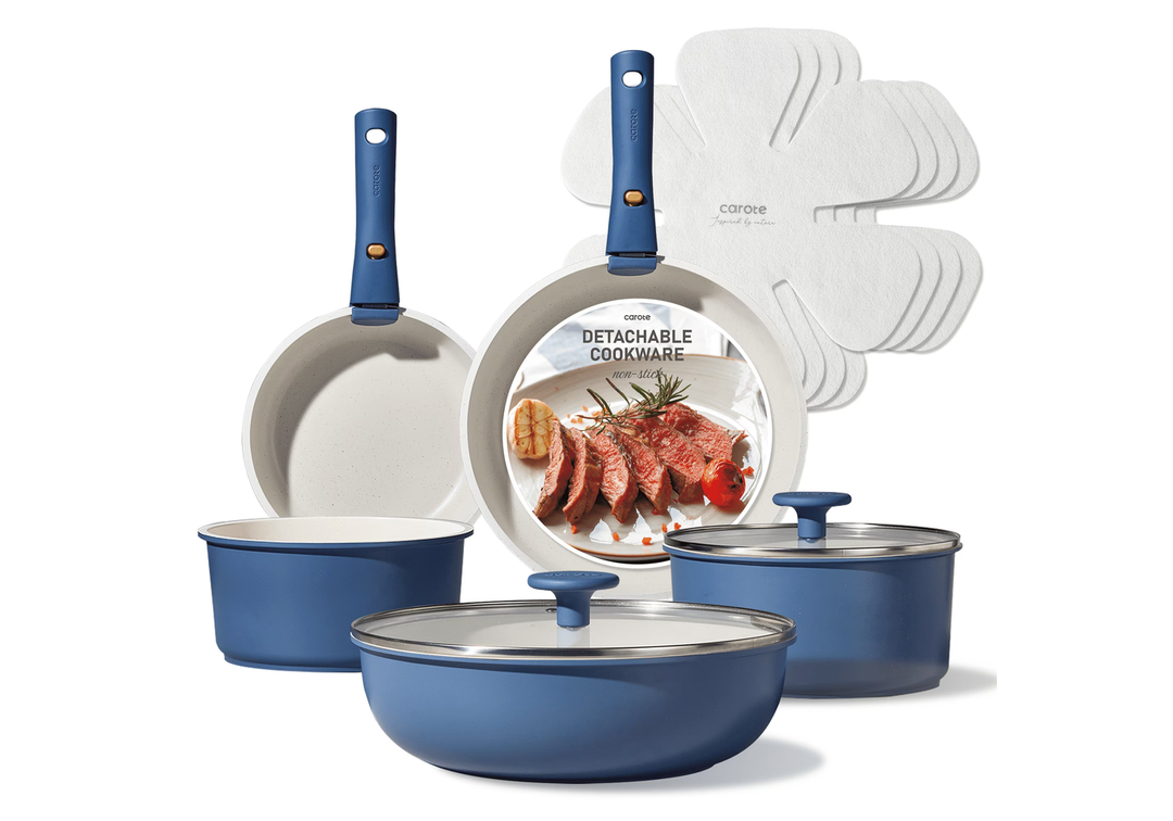 CAROTE 49pcs Pots and Pans Set, Nonstick Cookware Set with Bakeware Induction Kitchen Set with Silicone Lids, Easy Food Release, All-Stovetop Compatible, with Knife Set, Blue
