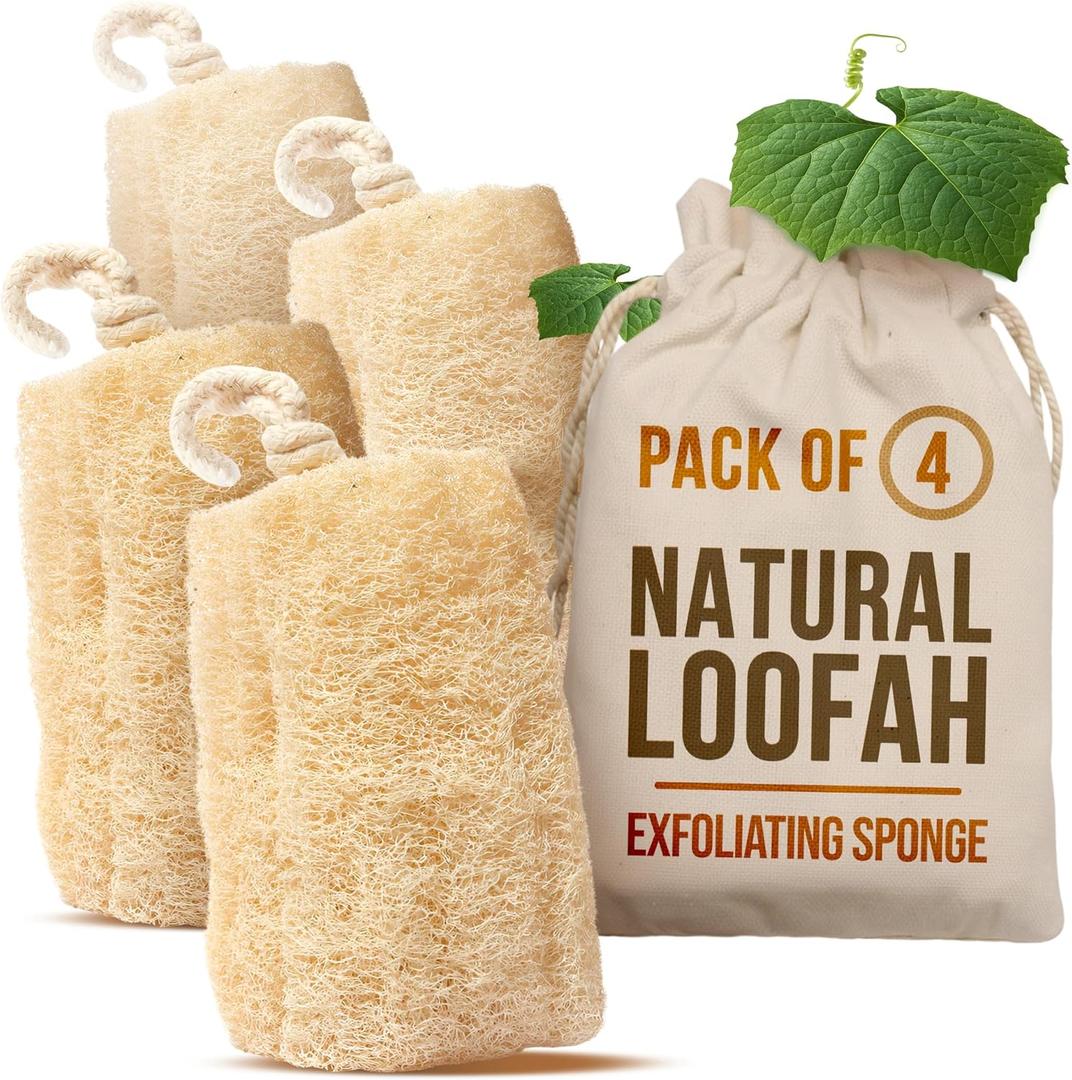 CraftsOfEgypt Natural Loofah Sponge Egyptian Luffa Body Scrubber Pack of 4 for Men & Women, Natural Bath & Shower Loofah Exfoliator, All Natural Loofah Sponges for Face Back & Body, 6" x 6"