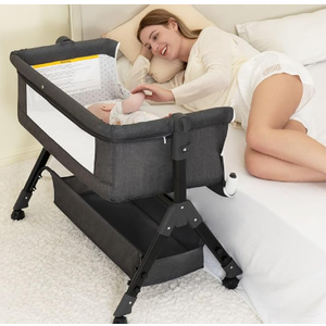 Baby Bassinet, Bedside Bassinet for Baby, 3 in 1 Bassinet Bedside Sleeper with Wheels, Mosquito Net, Adjustable Easy Folding Portable Bed for Infant Newborn (Dark Grey)