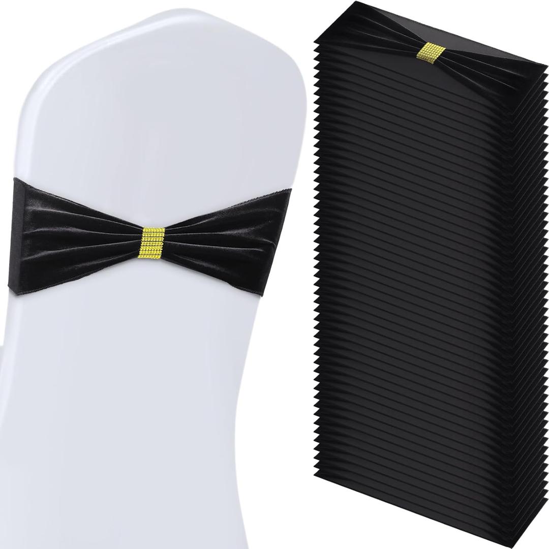Moukeren Black 50 Pcs Velvet Chair Sashes Bows with Rhinestone Ring Buckle Slider Elastic Universal Bowknot Chair Cover Bands Ties for Wedding Banquet Ceremony Event Party Decoration