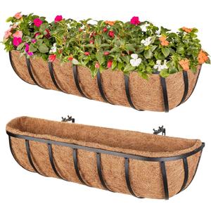 Legigo 2 Pack 24 Inch Window Boxes Railing Planter Box with Coconut Liner, Balcony Railing Planter Horse Trough Deck Window Planters, Metal Railing Hanging Flower Baskets for Outdoor Porch Fence Patio