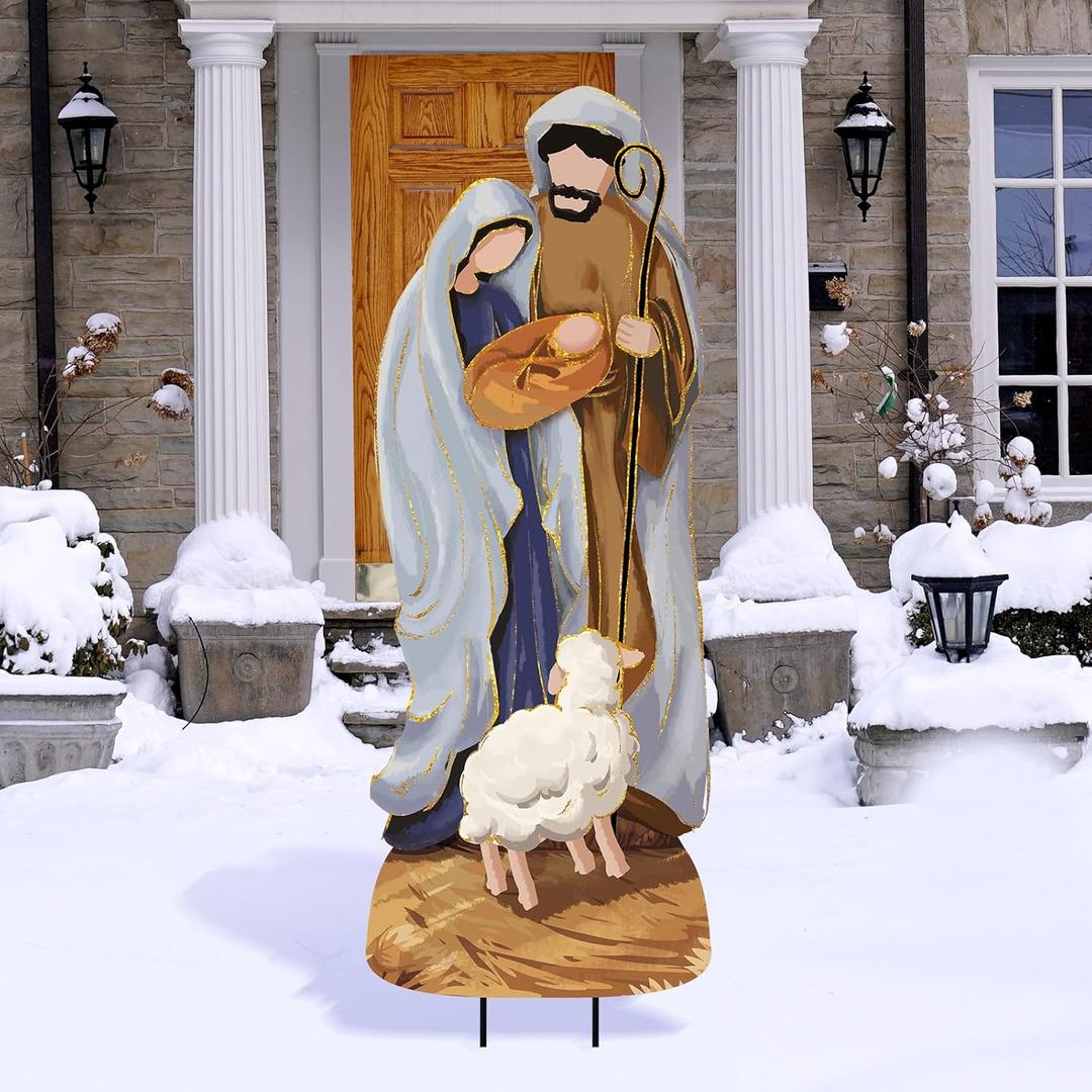Reallnaive Metal Christmas Outdoor Nativity Scene for Yard with Stake 30 Inch Large Christmas Nativity Set with Baby Jesus Mary and Joseph Outside Waterproof Religious Yard Lawn Signs for Garden Lawns