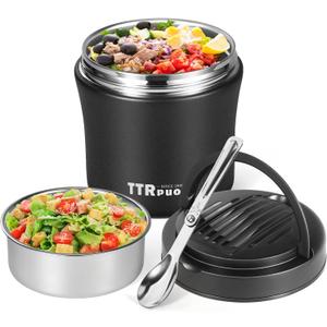 Insulated Food Container Soup Thermo for Hot Cold Food Adults 40 OZ, Stainless Steel lunch box, Wide Mouth Thermo Jar with Folding Spoon and Handle (BLACK)
