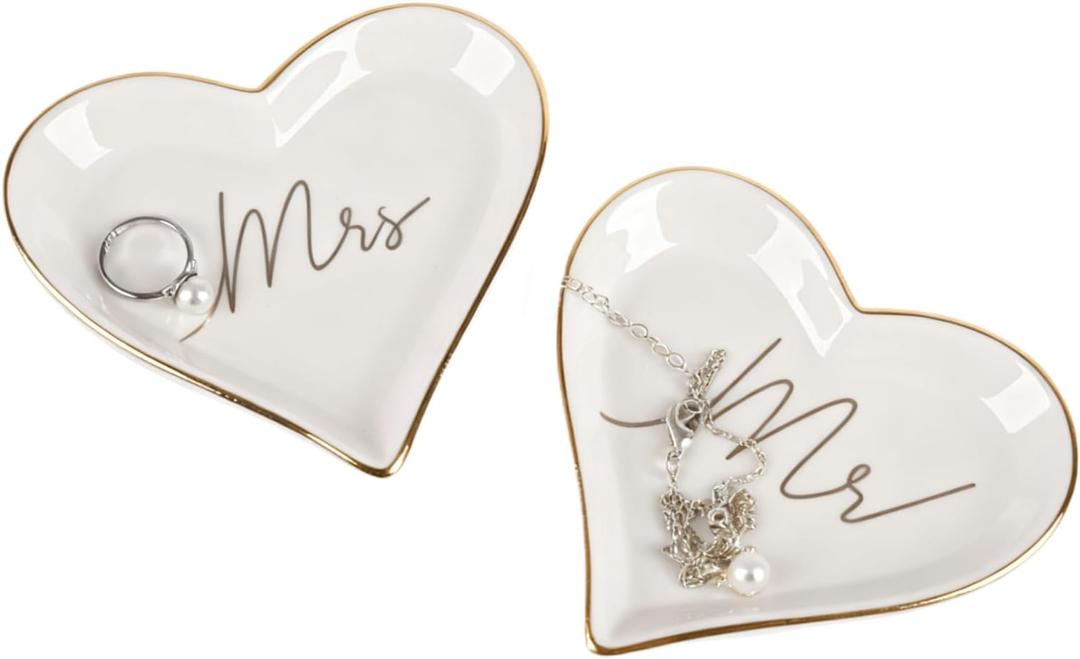 2PCS Heart Shaped Mr. and Mrs. Ring Dish Ceramic Jewelry Ring Tray Holder for Engagement, Wedding, and Bridal Shower Gifts
