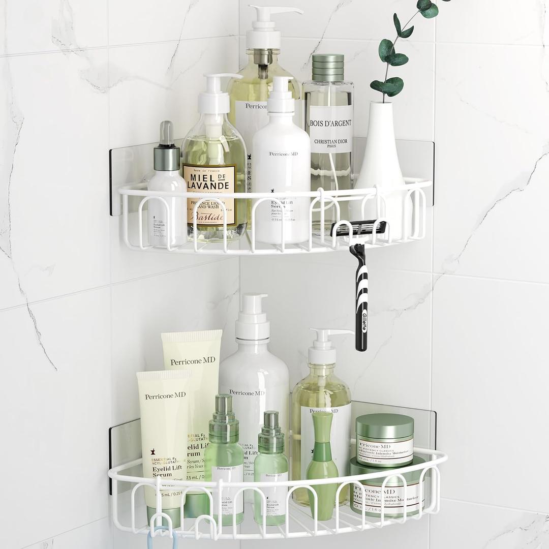 Orimade Corner Shower Caddy with 2 Hooks Wall Mounted Metal Bathroom Shelf Storage Organizer Adhesive No Drilling 2 Pack, White Only for 90-Degree Corner