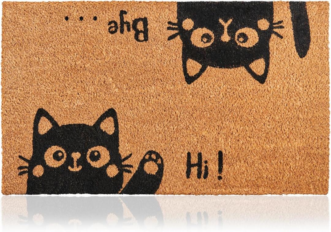 Hi-Bye Cat - 17"x29" - Coir Door Mat with Heavy Duty Backing - Welcome Mats for Entryway, Porch - Anti-Slip PVC & Coconut Fiber Surface - Natural Home Accessories, Minimalist Original Design