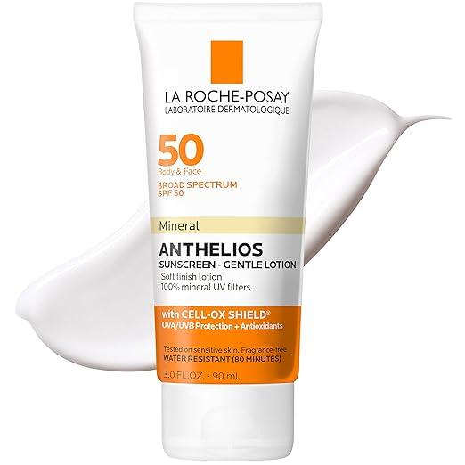 La RochePosay Anthelios Mineral Sunscreen SPF 50 Gentle Lotion, Broad Spectrum SPF + Antioxidants, Face & Body Sunscreen, Titanium Dioxide & Zinc Oxide, Oxybenzone Free, Oil Free