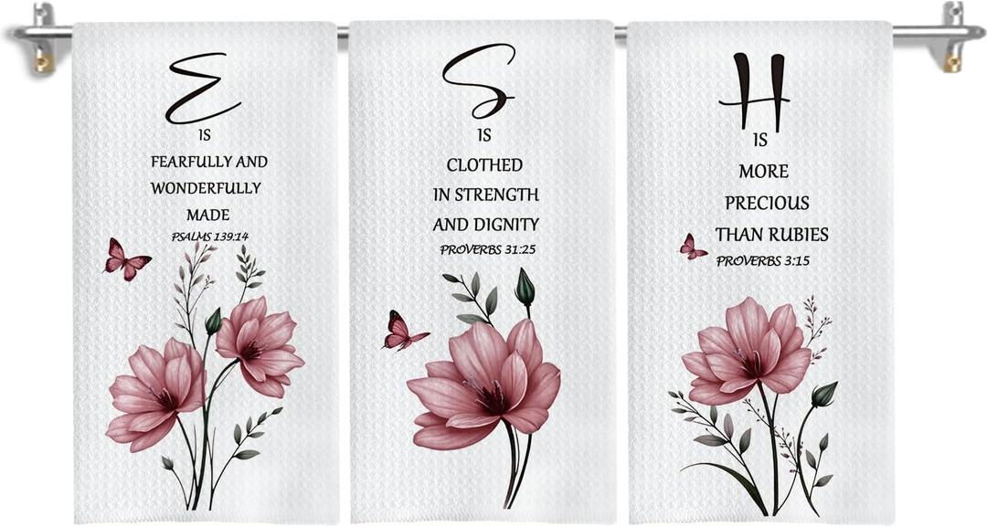 Pink Floral Christian Kitchen Towels, Inspirational Bible Verses Hand Towels for Bathroom Decor, Christian Gifts for Women, Religious Decor Dish Tea Towels for Kitchen, 16x24 Inch Set of 3