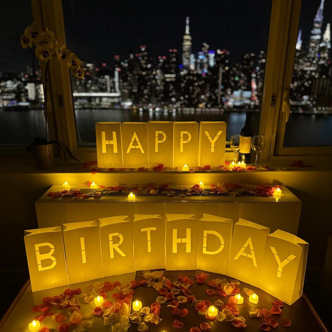 WYMM Happy Birthday Decorations for Women & Men - Surprise Set with Light Up Letters, 30 Tea Light Candles, 2000 Red & Pink Rose Petals - Luminary Bags to Create a Beautiful Happy Birthday Banner Sign