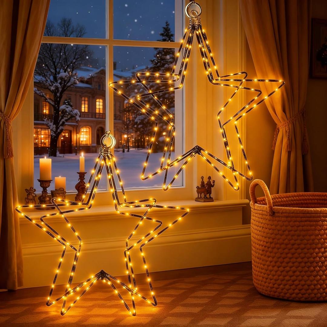 2 Pack Foldable Christmas 3D Star Shaped Lights with 50 LEDs 8 Lighting Modes Timer Battery Operated Pre-lit 12" Christmas Window Star Light Indoor String Lights Warm White for Xmas Holiday Party