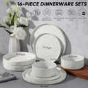 E-far 16-Piece Plates and Bowls Sets with Pasta Bowls - Stoneware Dinnerware Set for 4, Modern Ribbed Speckled White Dishes, Microwave & Dishwasher Safe
