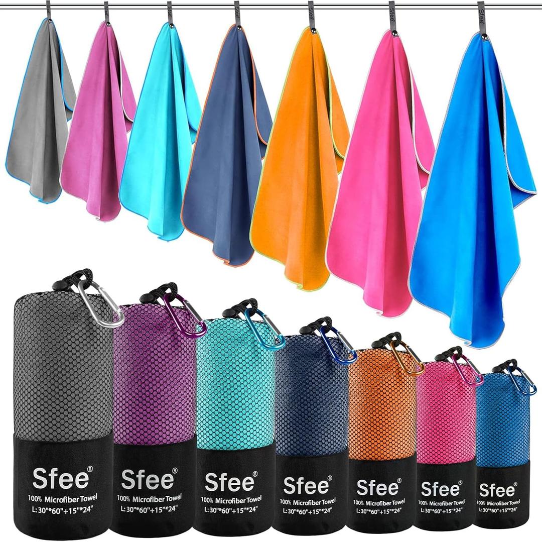 Sfee 2 Pack Microfiber Travel Towel, Quick Dry Camping Towel Large Beach Towel Super Absorbent Compact Lightweight Sports Gym Towels for Beach, Gym, Hiking, Pool, Backpacking, Bath, Yoga (L 60"x30"+24"x15", Purple)