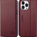 SHIELDON Case for iPhone 15 Pro Max, Genuine Leather Wallet RFID Blocking Card Holder Folio Magnetic Stand Shockproof Cover Compatible with iPhone 15 Pro Max 6.7" - Wine Red