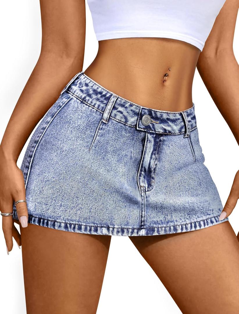 IWD Denim Mini Skirt for Women Low Waisted Jean Micro Skort with Shorts Stretch Casual Jean Skirt (X-Small, Medium Blue)