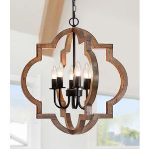 21.65'' Farmhouse Wood Chandelier, 6-Light Rustic Dining Room Light Fixture, Orb Chandelier Light Adjustable Height, Wood Pendant Lighting for Kitchen Island Foyer Living Room Hallway
