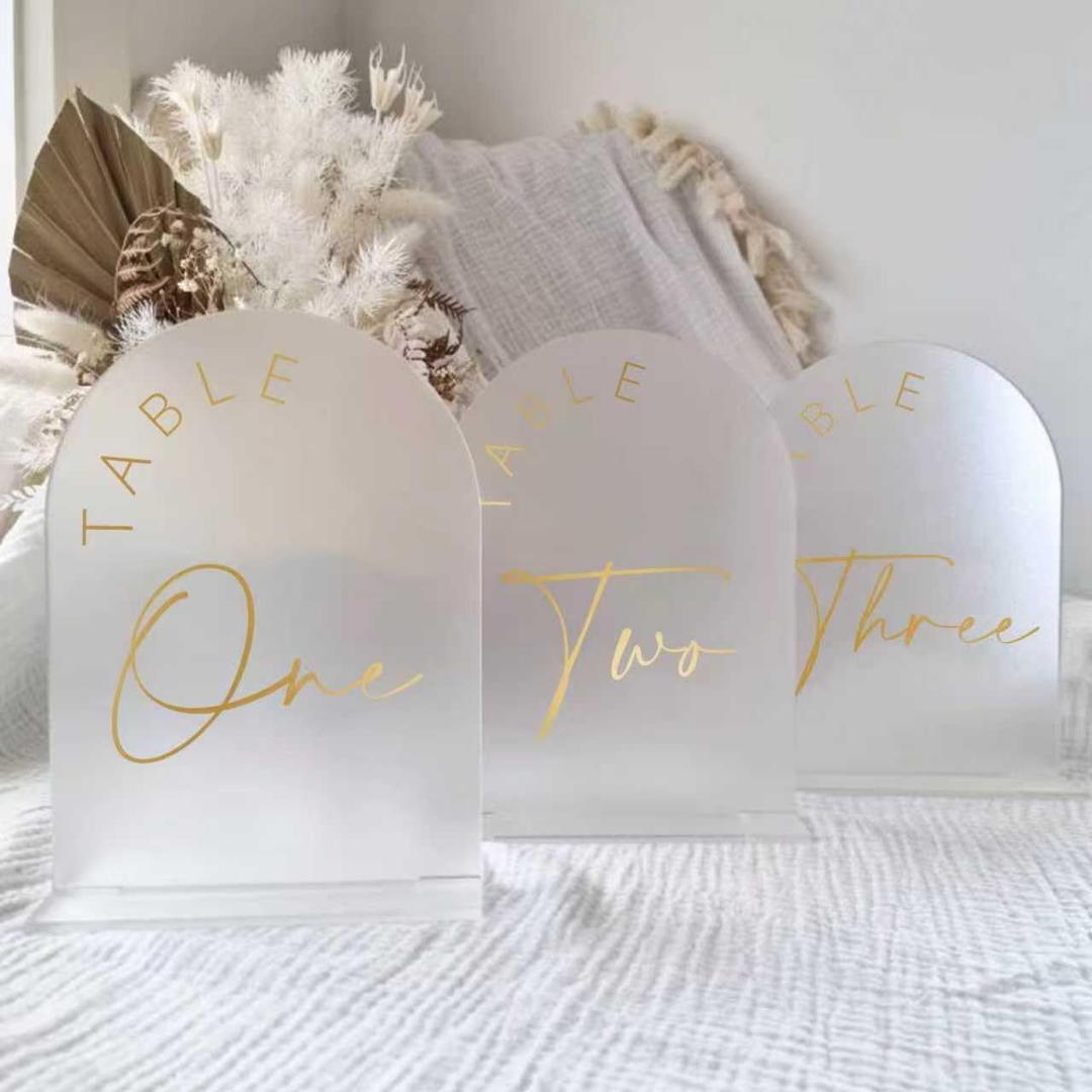 Frosted Arch Wedding Table Numbers 1-15 with Stands, 5x7 Inch Acrylic Arch Sign with Golden Lettering, Frosted and Gold Table Numbers for Wedding Reception