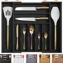 Bellsal Large Premium Bamboo Silverware Organizer - Expandable Utensil Drawer Organizer - 17"x19.6" Utensil Holder and Cutlery Tray with Grooved for Kitchen Flatware and Utensils(7-9 Slot, Black)