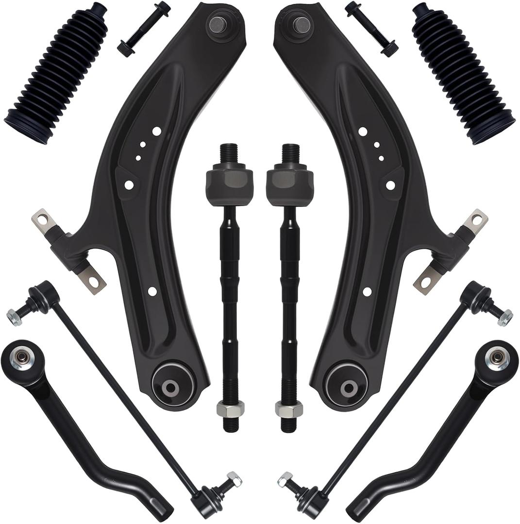 10Pc Front End Suspension Kit Fit For 2014-2020 Ni-ssan Rogue, 17-22 Rogue Sport, 2 Lower Control Arm w/Ball Joint 2 Sway Bar Link 4 Outer Inner Tie Rod End (# K623110 K750783 EV801396 ES801220)
