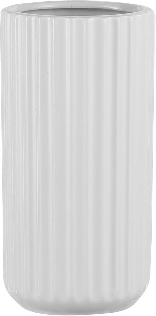 White Ceramic Vase for Flowers, Modern White Vase for Home Decor, Tall Ribbed Vase for Living Room, Office, Mantel, Bookshelf, Dining Table, 8inches  White  Cylinder 