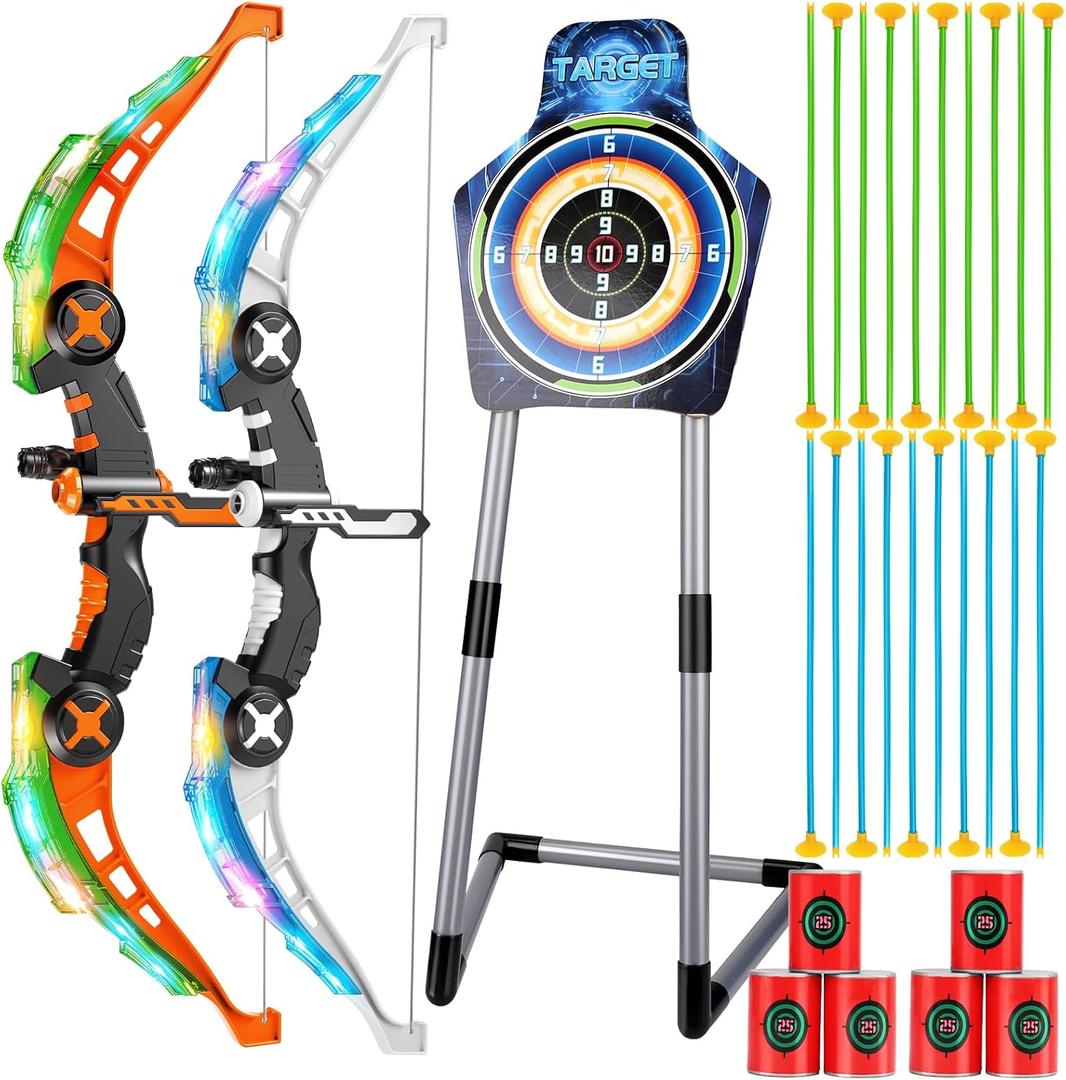 2 Pack Kids Bow and Arrow Set, LED Light Up Archery Set with 20 Suction Cup Arrows, Indoor Outdoor Sport Games for Kids Ages 4-8 8-12, Birthday Gifts Toys for 4 5 6 7 8 9 10 11 12 Year Old Boys Girls