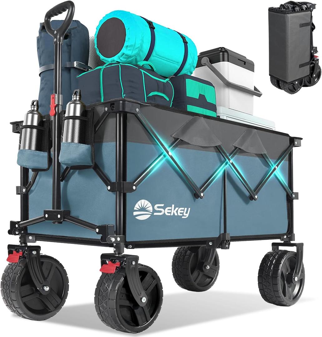 Sekey 220L Wagons Carts Foldable with Big All-Terrian Beach Wheels, Collapsible Heavy DutyWagon with Cup Holders, Extra Large Folding Wagon,Foldable Wagon for Camping, Garden, Sports, Blue & Gray