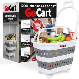 dbest Products Folding Gocart Laundry Basket with Wheels, Multi Use Collapsible Grocery Shopping Cart, White
