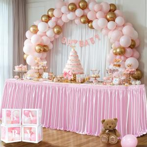 9ft Pink Satin Table Skirt for Rectangle Tables Wrinkle Free Glitter Desk Skirts Pleated Ruffle Table Cloth for Wedding Princess Girls Birthday Baby Shower Party Table Skirting Decorations