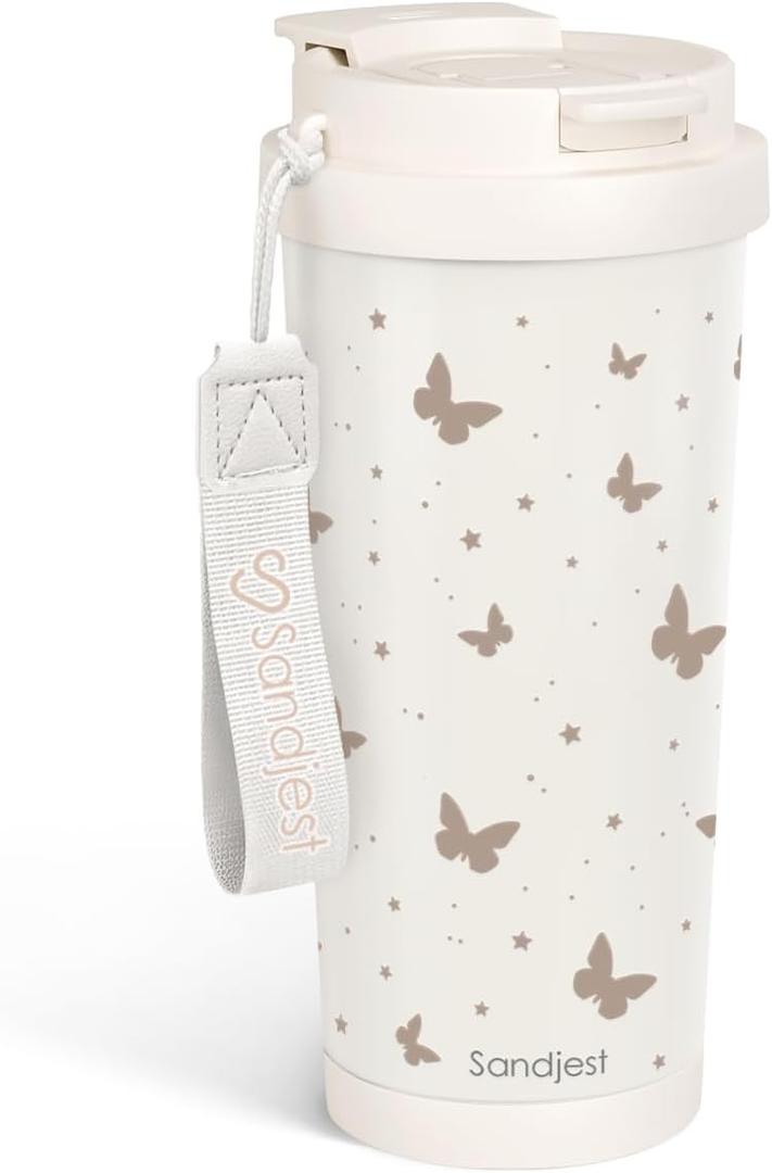 SANDJEST Butterfly Stainless Steel 2-in-1 Lid Coffee Tumbler 18 oz, Insulated Travel Mug Gift for Women Girls Friends, Gift Idea for Birthday Christmas (Beige)