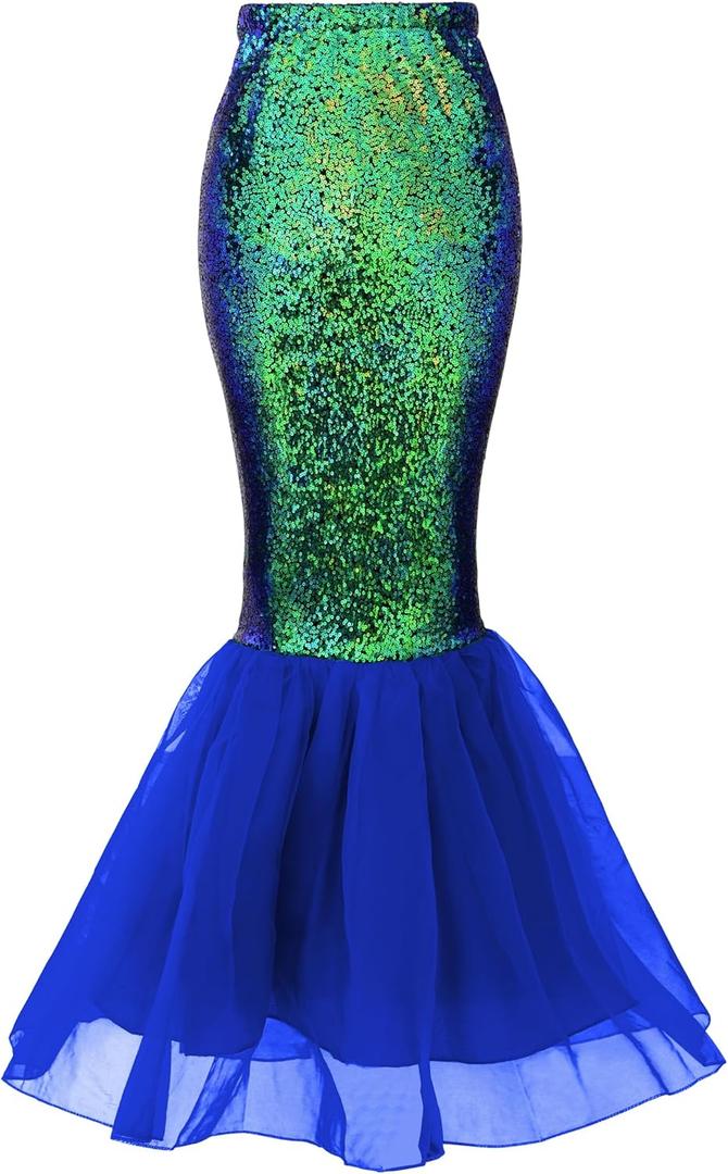 Women Mermaid Tail Costume Tulle Skirt Sequin Halloween Cosplay Dress up (6-8, Blue)