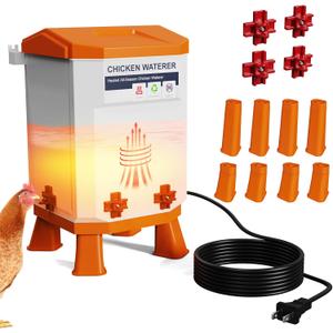 Heated Chicken Waterer 2 Gallon, Chicken Water Heater for Winter, Freeze Proof Chicken Waterer, 4 Nipples for Clean WaterDetachable Legs, Adjustable Height for Chickens, Pigeons, Beaked Poultry (Orange)