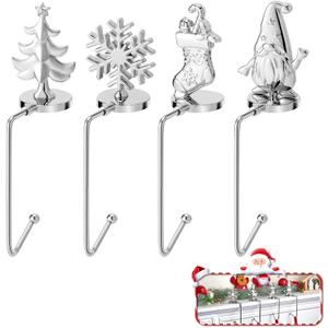 Christmas Stocking Holders for Mantel Set of 4, Non-Slip Adjustable Mantle Stocking Holders, Snowflake Snowman Reindeer Pine Tree Fireplace Stocking Hangers Set for Party Christmas Decorations