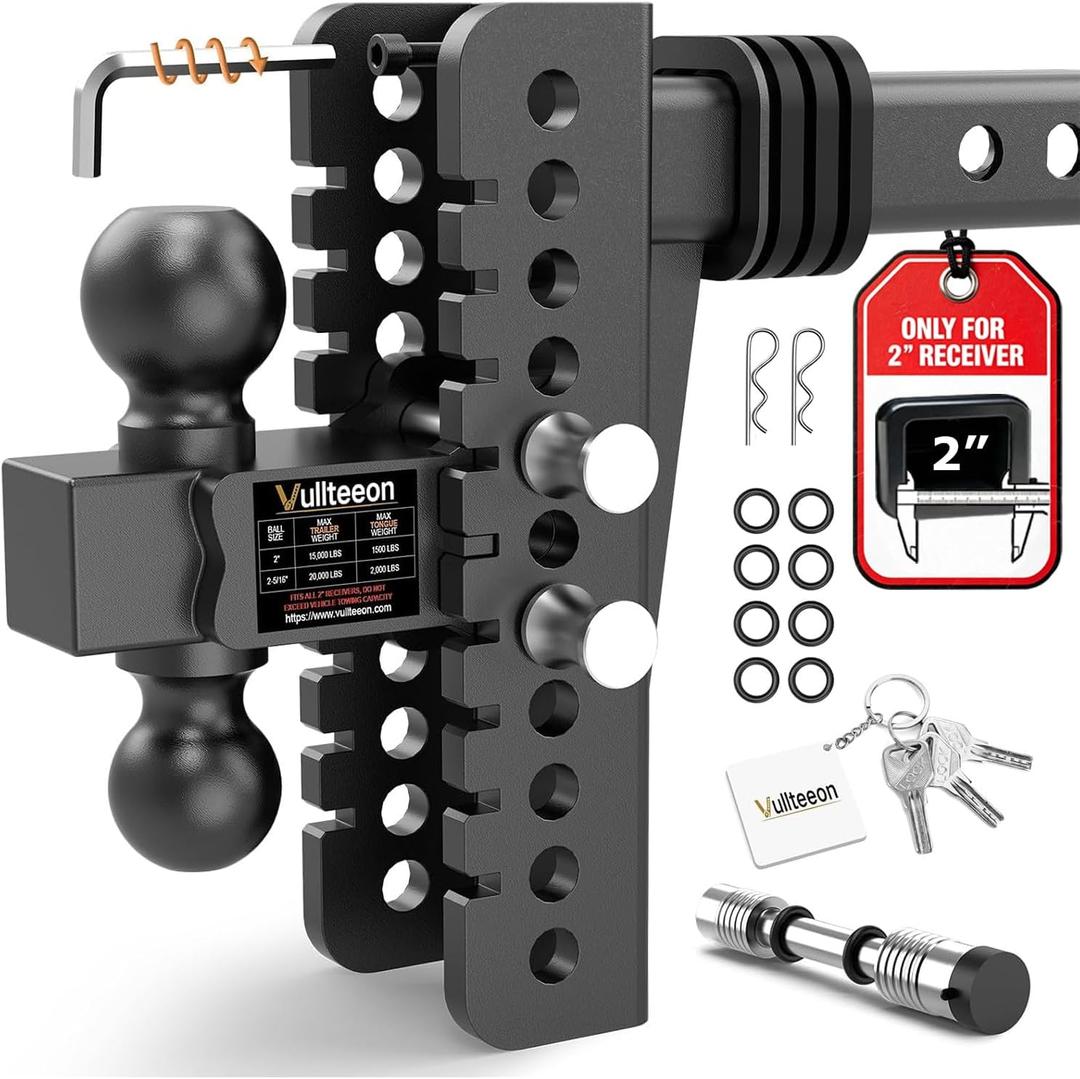 Vullteeon Adjustable Trailer Hitch, 8in Drop Hitch (for 2 Inch Receivers) | Heavy Duty Alloy Steel Truck Hitch, Dual Ball Mount (2” & 2-5/16”), 20000 lbs GTW Tow Hitches, Slot-fit Design