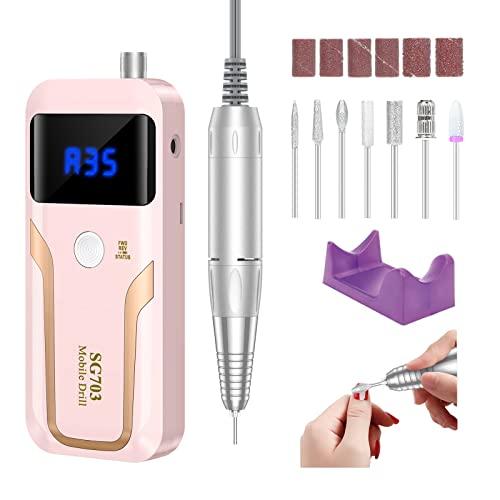 MOCOWIND Portable Nail Drill Professional 35000 RPM, Rechargeable Electric Nail File Machine Cordless E-File for Acrylic Gel Polishing Removing with Bits Kit for Manicure Salon Home, Pink