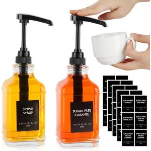 STARSIDE 16 oz Coffee Syrup Dispenser,2 pcs Clear Glass Syrup Bottle with 1/4oz Capacity Pump,Syrup Dispenser for Coffee Bar with Plastic Pump and Syrup Labels