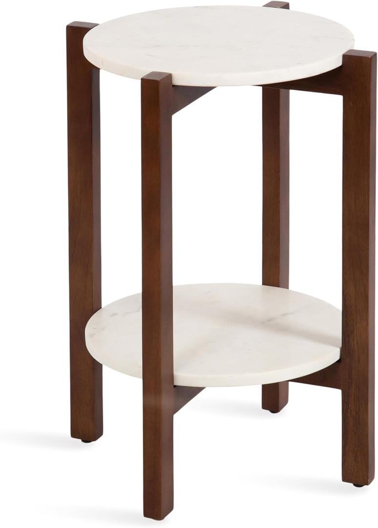 Kate and Laurel Moxley Transitional Round Side Table; 16 x 16 x 22; White Marble and Walnut Brown; Tiered Pedestal Table with Authentic Marble Tabletops for Bedroom Nightstand or Indoor Plant Stand