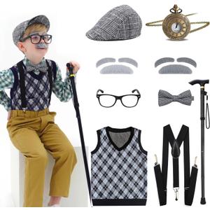 Kids 100 Days of School Costume for Boys - Halloween Old Man Costume Hat Glasses and Grandpa Vest Set for Child (Toddler(3-4yrs), Plaid-lightgrey-pocket Watch)