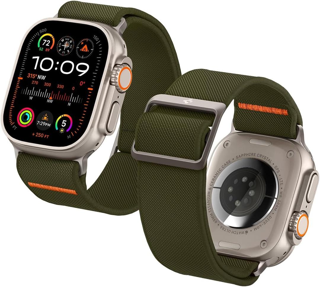 Spigen Lite Fit Ultra Strap Designed for Apple Watch Band Compatible with Ultra 3/2/1 49mm, Series 11/10 46mm, 9/8/7 45mm, SE3/SE2/SE/6/5/4 44mm, 3/2/1 42mm Nylon Solo Loop - Khaki