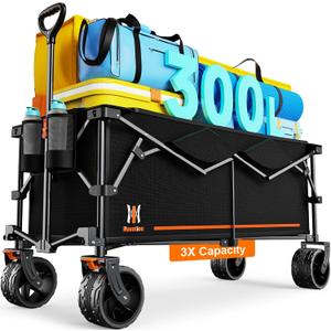 Navatiee 300L Collapsible Wagon Cart Foldable Extra Large, 48''L Folding Extended Beach Wagon with 440LBS Weight Capacity and Big All-Terrain Wheels, Heavy Duty Utility Garden Cart for Sports Outdoor (Black)