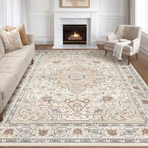 7x9 Area Rug Living Room: Washable Boho Large Neutral Vintage Soft Rugs Stain Resistant Farmhouse Non Slip Indoor Floor Carpet for Bedroom Nursery Kids Playroom Office Dining Room- Cream Blue