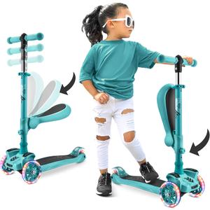 Hurtle 3-Wheeled Scooter for Kids - Wheel LED Lights, Adjustable Lean-to-Steer Handlebar, and Foldable Seat - Sit or Stand Ride with Brake for Boys and Girls Ages 1-14 Years Old (Teal)