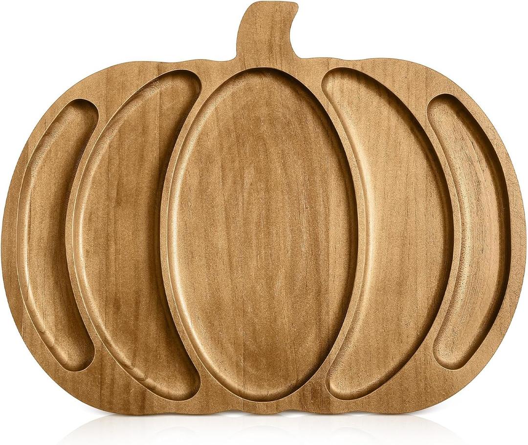 Sliner Fall Pumpkin Wooden Serving Dish Platter Thanksgiving 15" L x 12" W Pumpkin Shaped Charcuterie Board Snack Wood Cutting Board Sectional Dish Plate for Home Gifts(Walnut Color)
